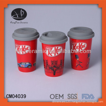 Nestle coffee travel mug wit silicon lid,ceramic mug with lid and design,porcelain cup with silicone lid